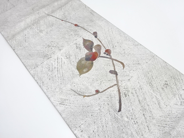 アンティーク　銀彩　枝花模様刺繍袋帯（材料）